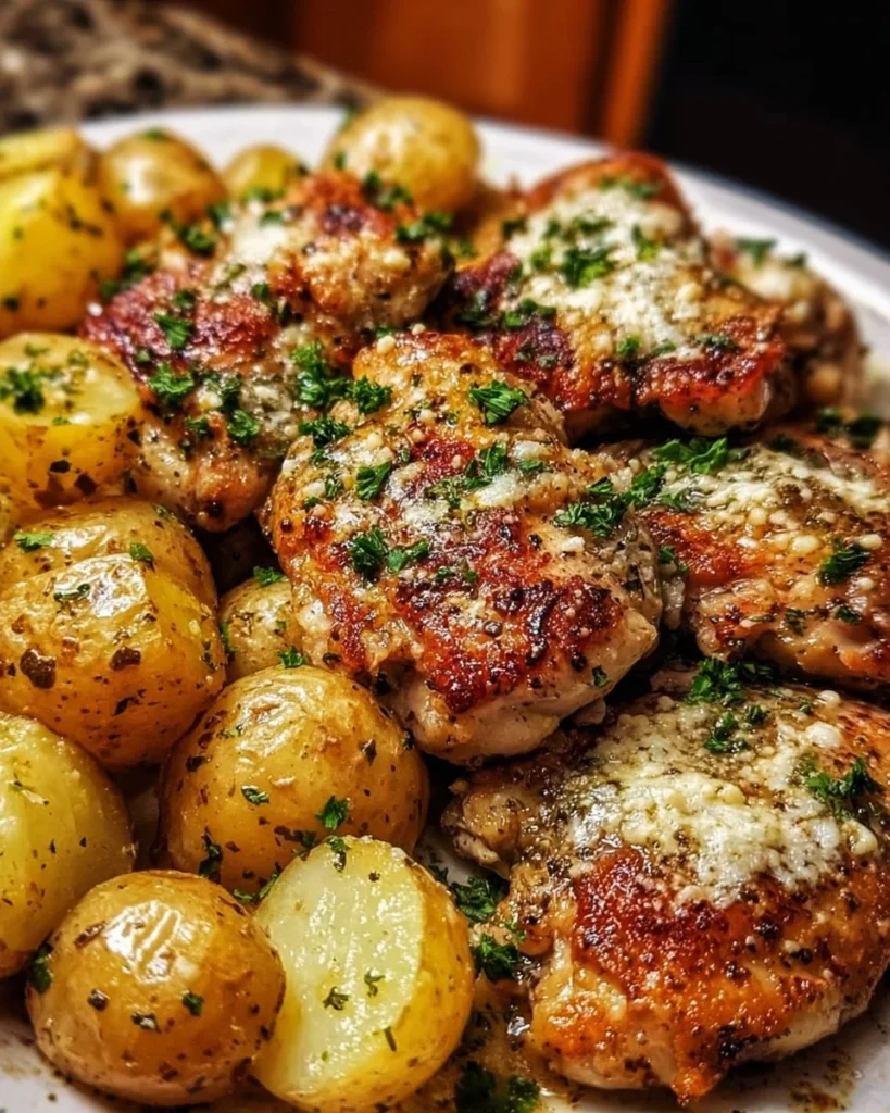 Garlic Parmesan Chicken Thighs with roasted potatoes on a plate