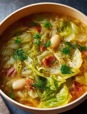 A steaming bowl of garlicky cabbage soup with fresh herbs on top.
