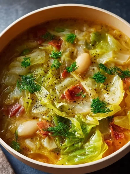 A steaming bowl of garlicky cabbage soup with fresh herbs on top.