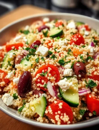 Healthy Mediterranean Couscous Salad with fresh vegetables and dressing