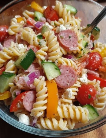 High protein Italian Pasta Salad with colorful vegetables and dressing