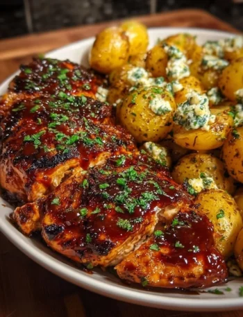 Honey BBQ Chicken served with garlic parmesan potatoes on a plate
