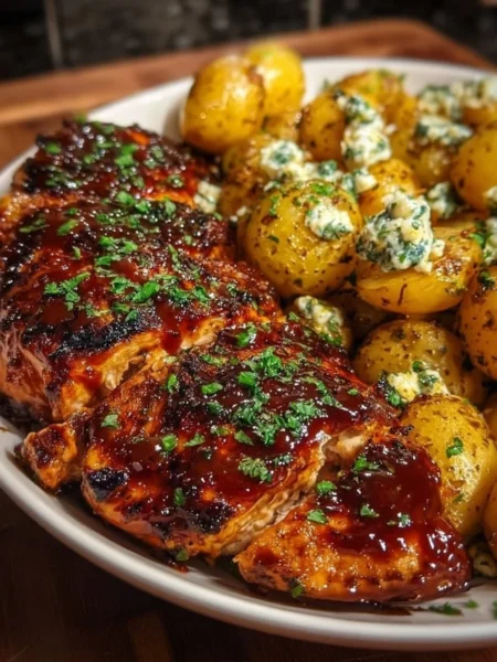 Honey BBQ Chicken served with garlic parmesan potatoes on a plate