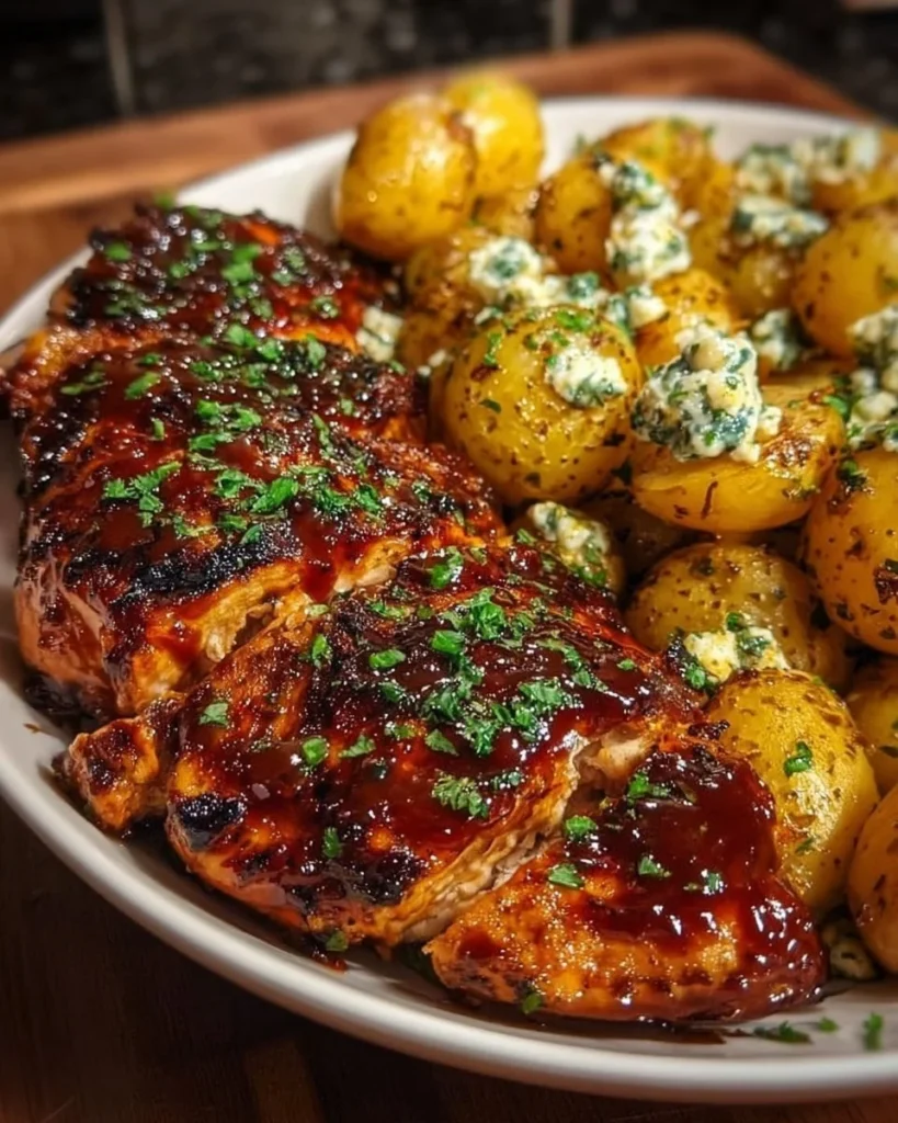 Honey BBQ Chicken served with garlic parmesan potatoes on a plate