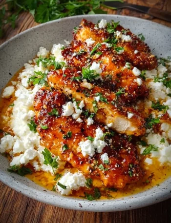 Delicious hot honey feta chicken served with garnish on a plate