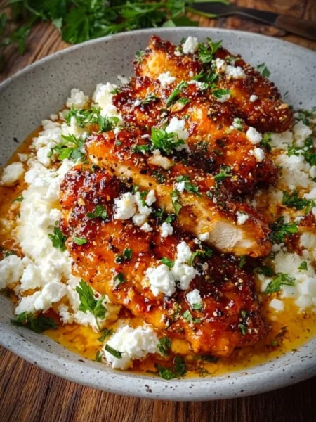 Delicious hot honey feta chicken served with garnish on a plate