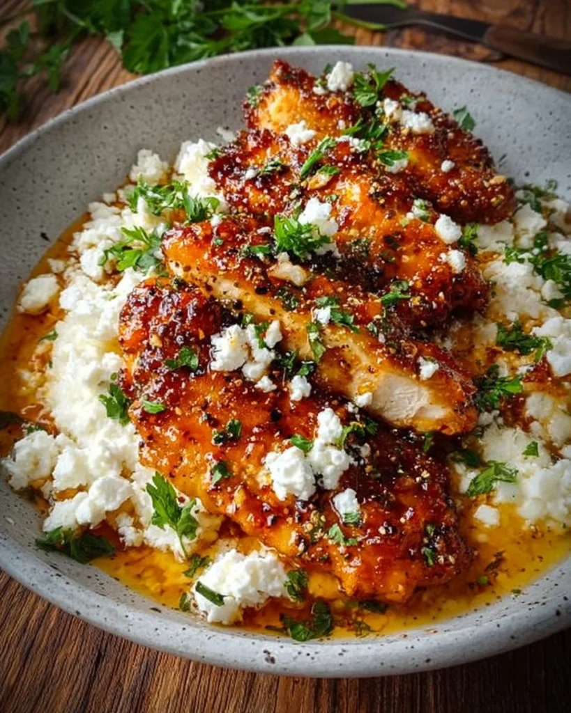 Delicious hot honey feta chicken served with garnish on a plate