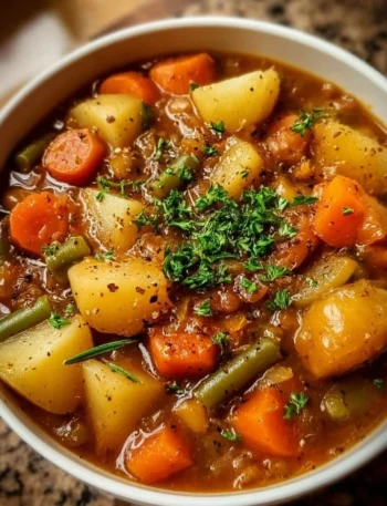 Bowl of Irish Vegetarian Stew with fresh vegetables and herbs