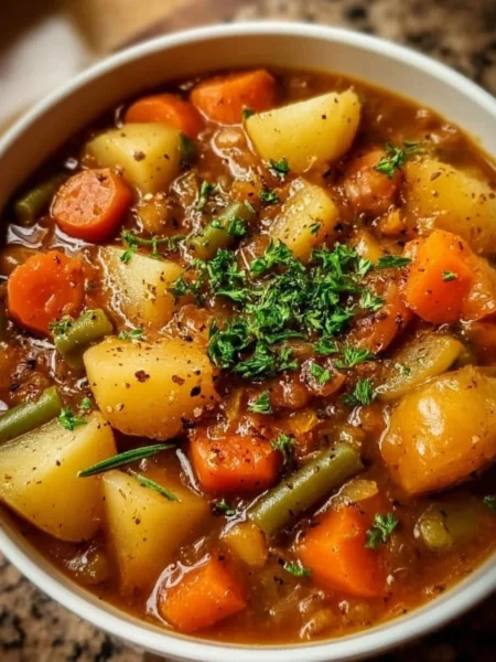 Bowl of Irish Vegetarian Stew with fresh vegetables and herbs