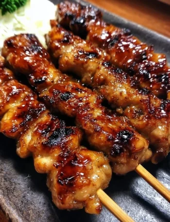 Grilled Chicken Yakitori skewers served with dipping sauce on a plate.