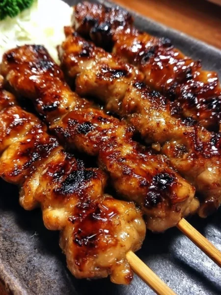 Grilled Chicken Yakitori skewers served with dipping sauce on a plate.