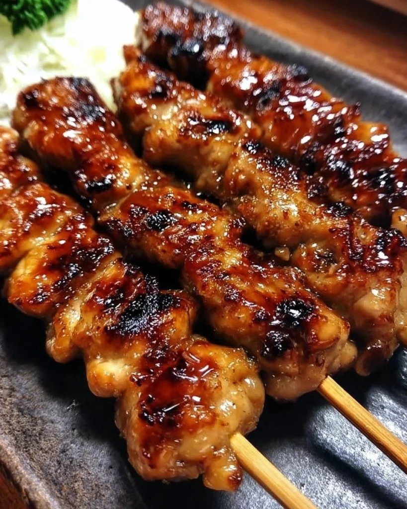 Grilled Chicken Yakitori skewers served with dipping sauce on a plate.