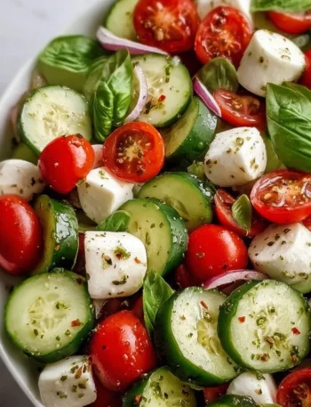 Fresh cucumber Caprese salad with mozzarella and basil on a wooden table.
