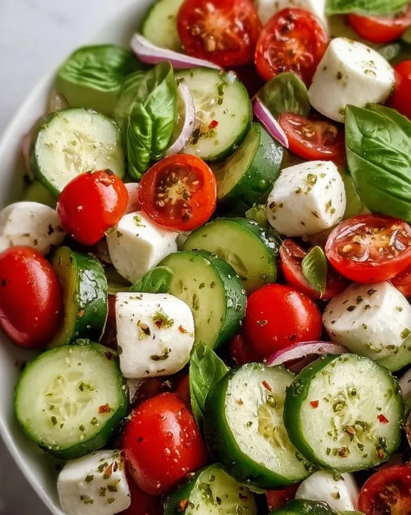 Fresh cucumber Caprese salad with mozzarella and basil on a wooden table.