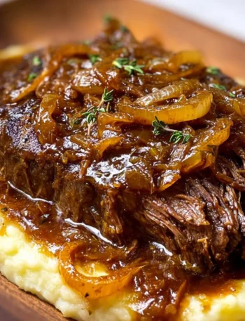 Delicious Juicy French Onion Pot Roast served with caramelized onions