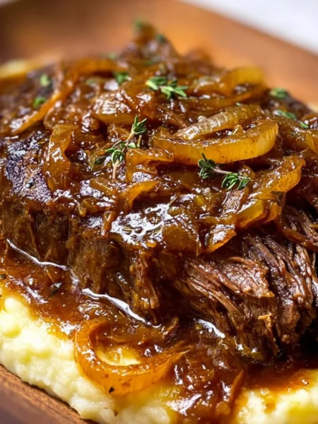 Delicious Juicy French Onion Pot Roast served with caramelized onions