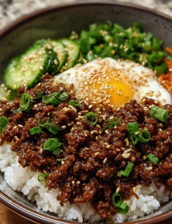 Bowl of Korean Ground Beef with rice and vegetables, showcasing vibrant flavors.