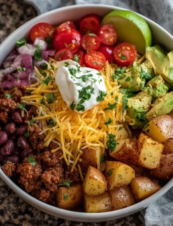 Delicious loaded potato taco bowl with toppings like cheese and avocado