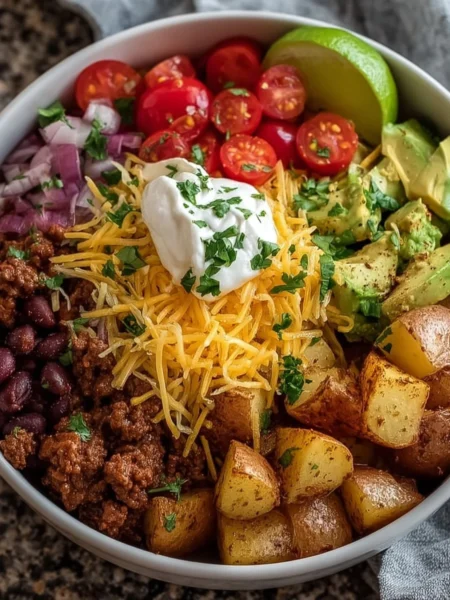 Delicious loaded potato taco bowl with toppings like cheese and avocado