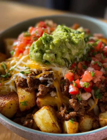 Delicious Loaded Potato Taco Bowl with toppings and fresh ingredients