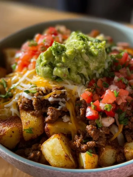 Delicious Loaded Potato Taco Bowl with toppings and fresh ingredients