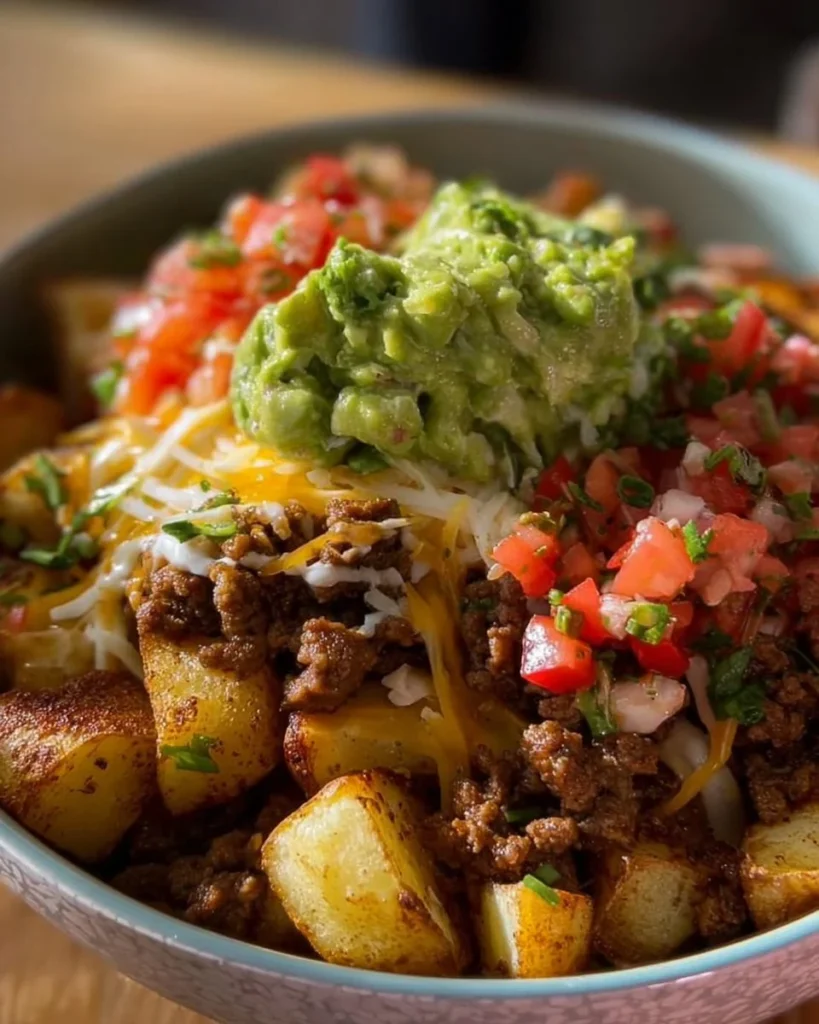 Delicious Loaded Potato Taco Bowl with toppings and fresh ingredients