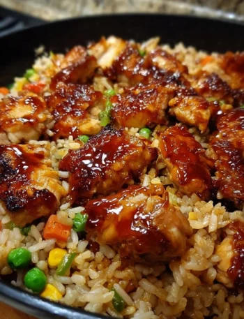 One-Pan Bold Honey BBQ Chicken Rice dish on a plate garnished with herbs