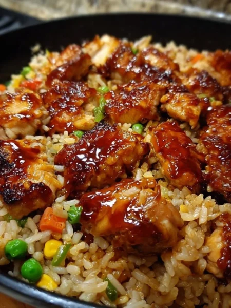 One-Pan Bold Honey BBQ Chicken Rice dish on a plate garnished with herbs