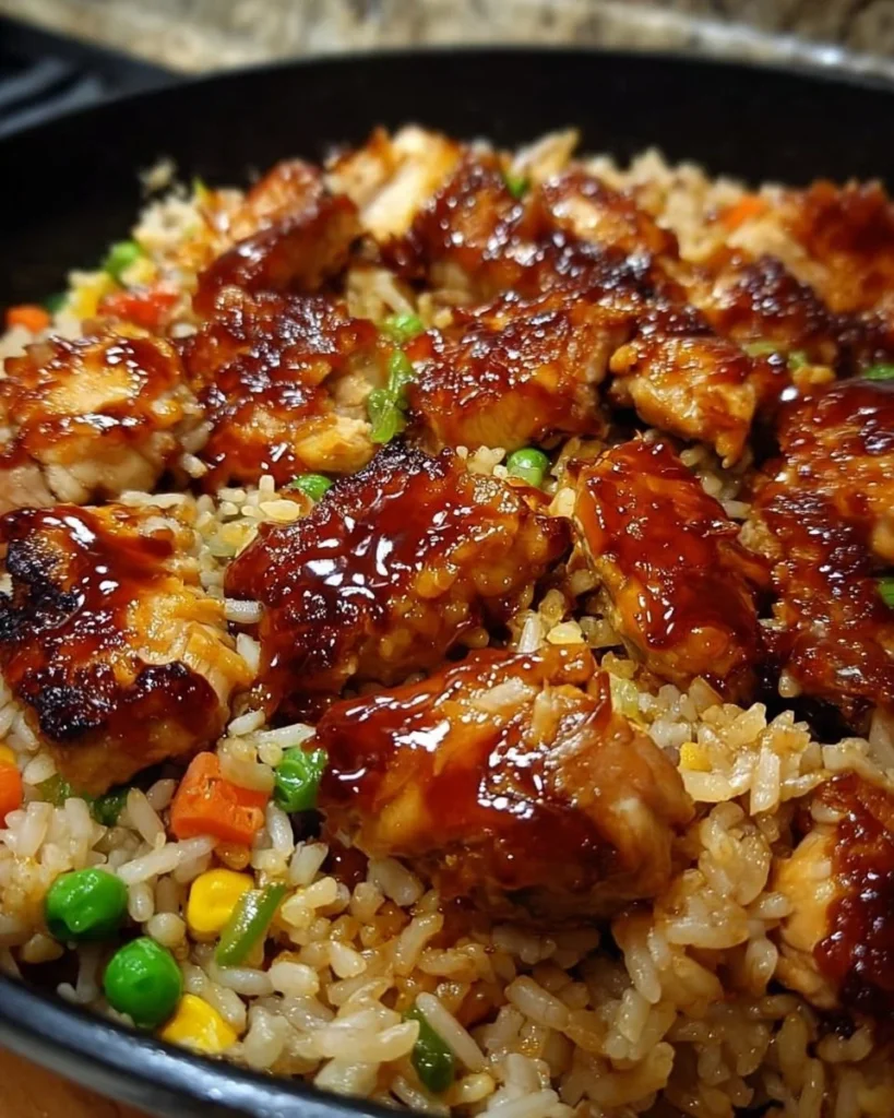 One-Pan Bold Honey BBQ Chicken Rice dish on a plate garnished with herbs