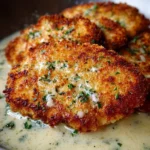 Parmesan Crusted Chicken topped with creamy garlic sauce on a plate