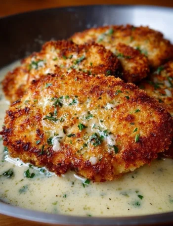 Parmesan Crusted Chicken topped with creamy garlic sauce on a plate