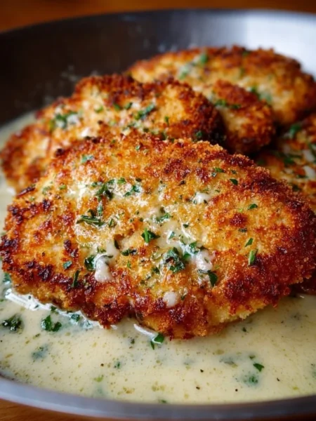 Parmesan Crusted Chicken topped with creamy garlic sauce on a plate