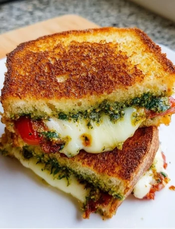 Pesto Grilled Cheese sandwich with melted cheese and fresh basil