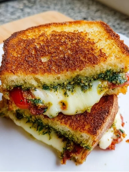 Pesto Grilled Cheese sandwich with melted cheese and fresh basil