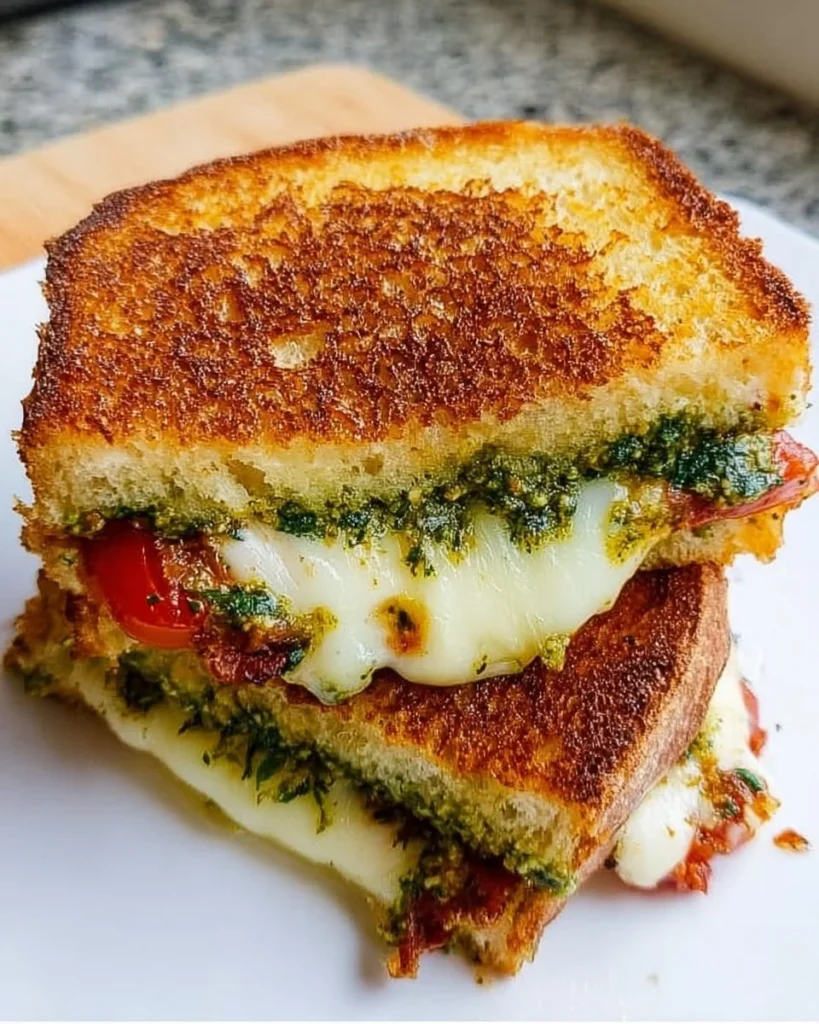 Pesto Grilled Cheese sandwich with melted cheese and fresh basil