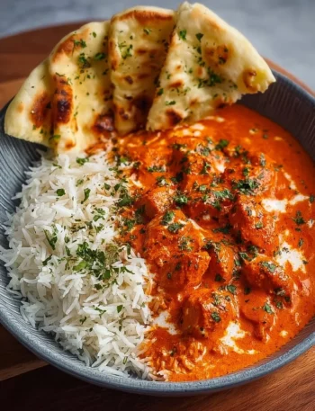 Delicious homemade butter chicken served with rice and naan