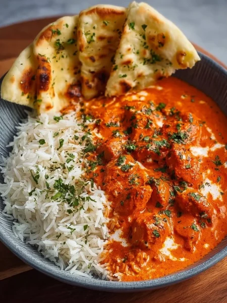 Delicious homemade butter chicken served with rice and naan