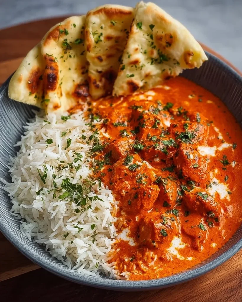 Delicious homemade butter chicken served with rice and naan