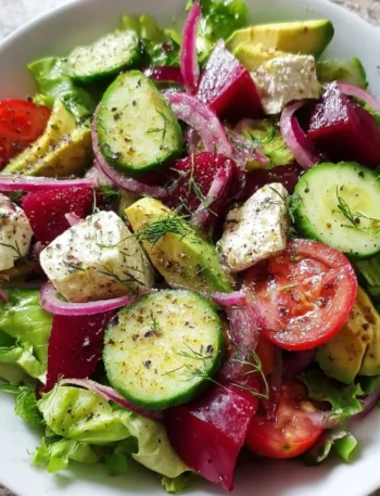 A colorful and refreshing salad with fresh vegetables and dressing