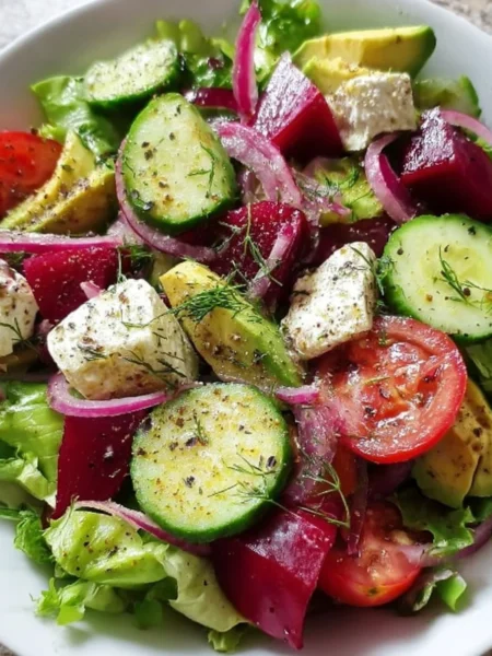 A colorful and refreshing salad with fresh vegetables and dressing