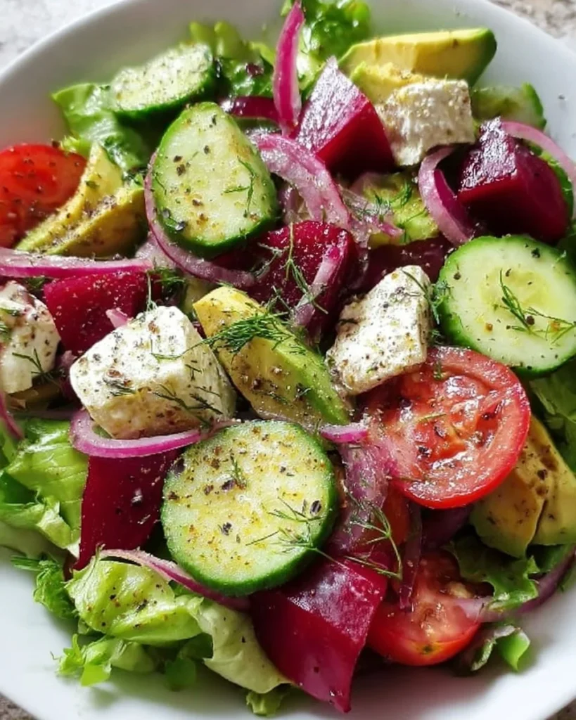 A colorful and refreshing salad with fresh vegetables and dressing