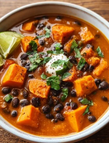 Bowl of roasted sweet potato and black bean soup garnished with herbs