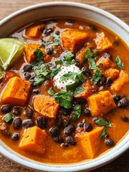 Bowl of roasted sweet potato and black bean soup garnished with herbs