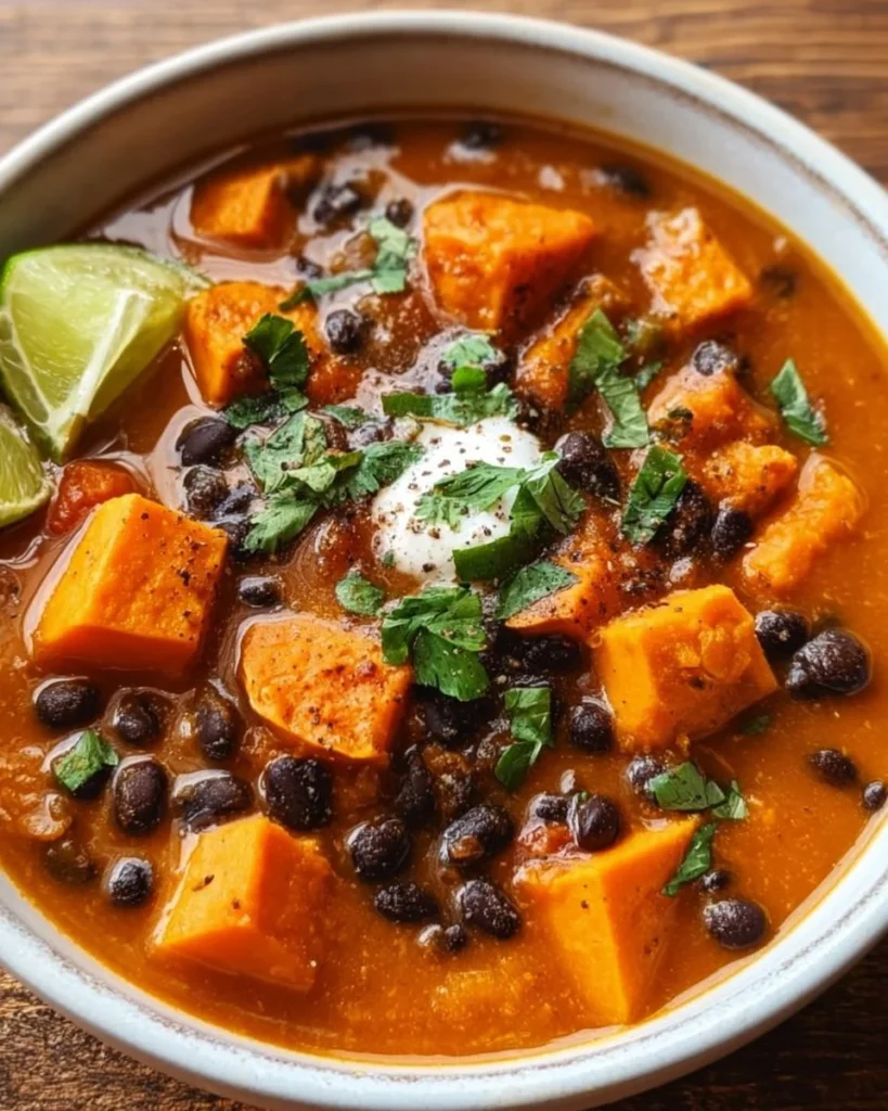 Bowl of roasted sweet potato and black bean soup garnished with herbs