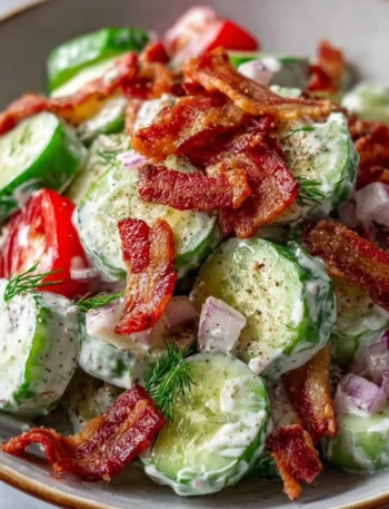 Savory cucumber salad with bacon and fresh ingredients in a bowl