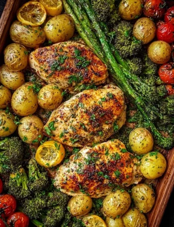 Sheet pan garlic butter chicken with colorful veggies ready to serve.