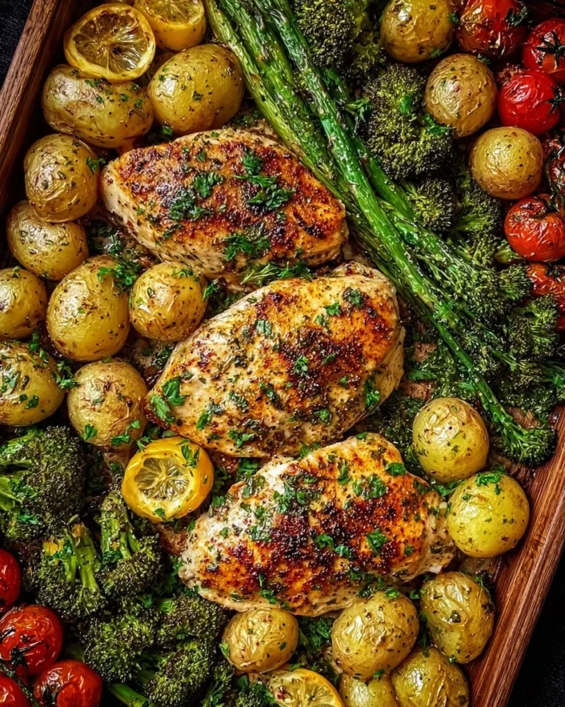 Sheet pan garlic butter chicken with colorful veggies ready to serve.