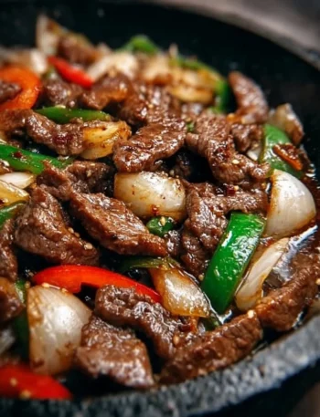 Sizzling Chinese pepper steak with fresh onions and vibrant vegetables