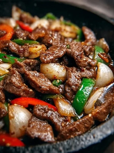 Sizzling Chinese pepper steak with fresh onions and vibrant vegetables