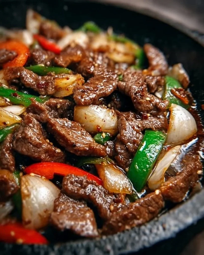 Sizzling Chinese pepper steak with fresh onions and vibrant vegetables
